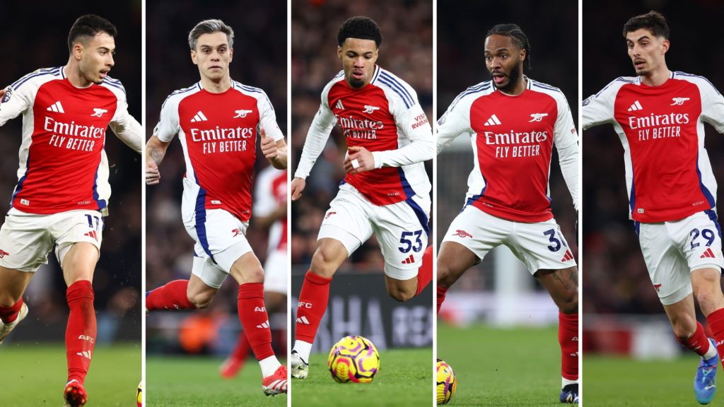 Split image of Gabriel Martinelli, Leandro Trossard, Ethan Nwaneri, Raheem Sterling, and Kai Havertz.