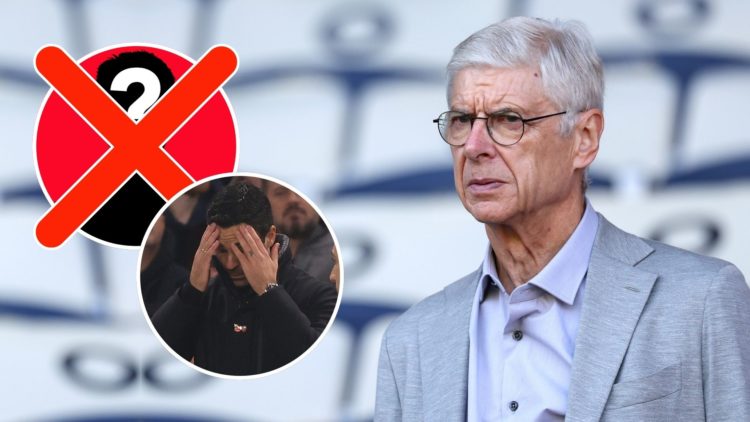 Arsene Wenger looks on. Inset, Mikel Arteta with head in hands, and a mystery figure with an X through it.
