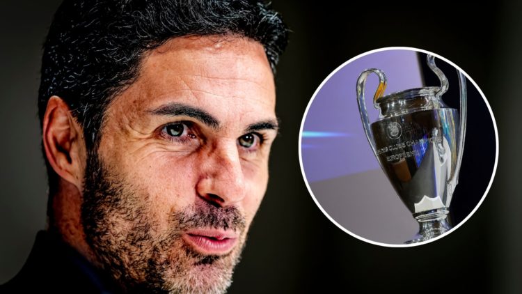 Mikel Arteta speaks during the press conference after the match PSV with inset of UEFA Champions League trophy.