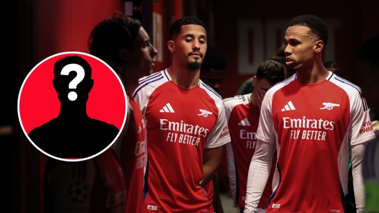Gabriel Magalhaes and William Saliba before walking out for the UEFA Champions League 2024/25 match between Arsenal and Shakhtar Donetsk with inset...