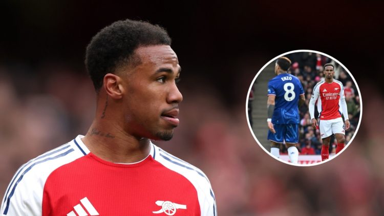 Gabriel of Arsenal during the Premier League match between Arsenal FC and Chelsea FC with inset of Gabriel Magalhaes during the Premier League matc...