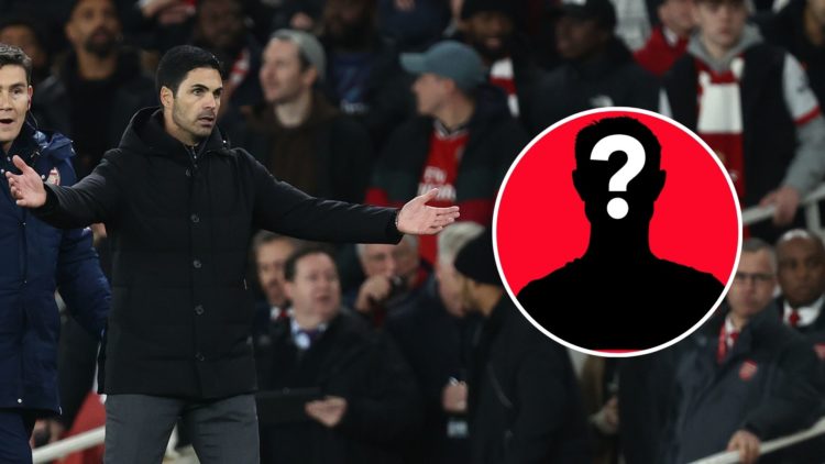 Mikel Arteta appeals for an added time penalty during the Premier League match between Arsenal and Newcastle United with inset of mystery player icon.