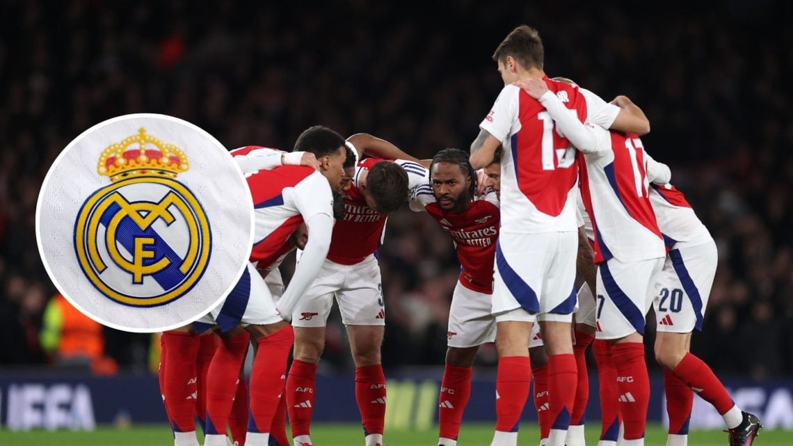 Arsenal huddle prior to during the UEFA Champions League 2024/25 Round of 16 Second Leg match between Arsenal FC and PSV with inset of A detailed v...