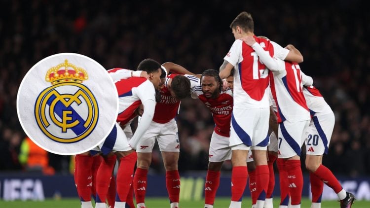 Arsenal huddle prior to during the UEFA Champions League 2024/25 Round of 16 Second Leg match between Arsenal FC and PSV with inset of A detailed v...