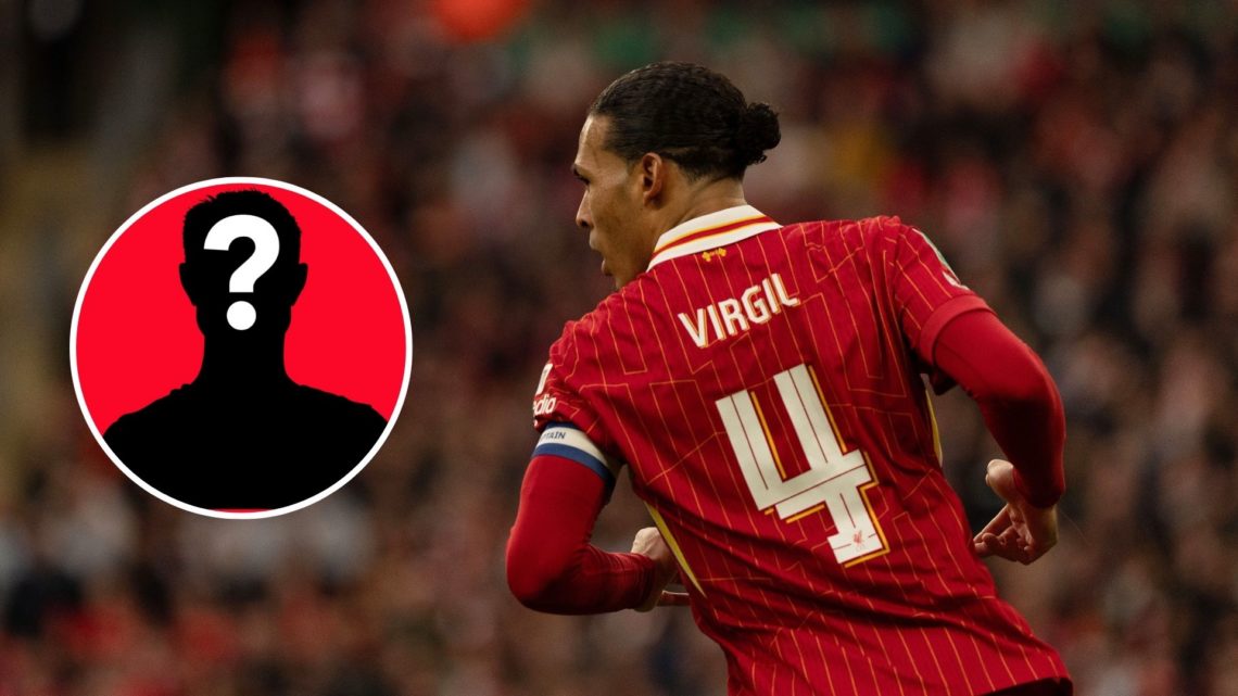 Liverpool's Virgil van Dijk is seen during the Carabao Cup Final between Liverpool and Newcastle United with inset of mystery icon.