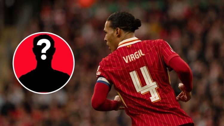 Liverpool's Virgil van Dijk is seen during the Carabao Cup Final between Liverpool and Newcastle United with inset of mystery icon.