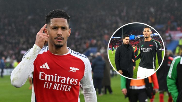 William Saliba of Arsenal celebrates victory after the Premier League match between Leicester City FC and Arsenal FC with inset of William Saliba w...