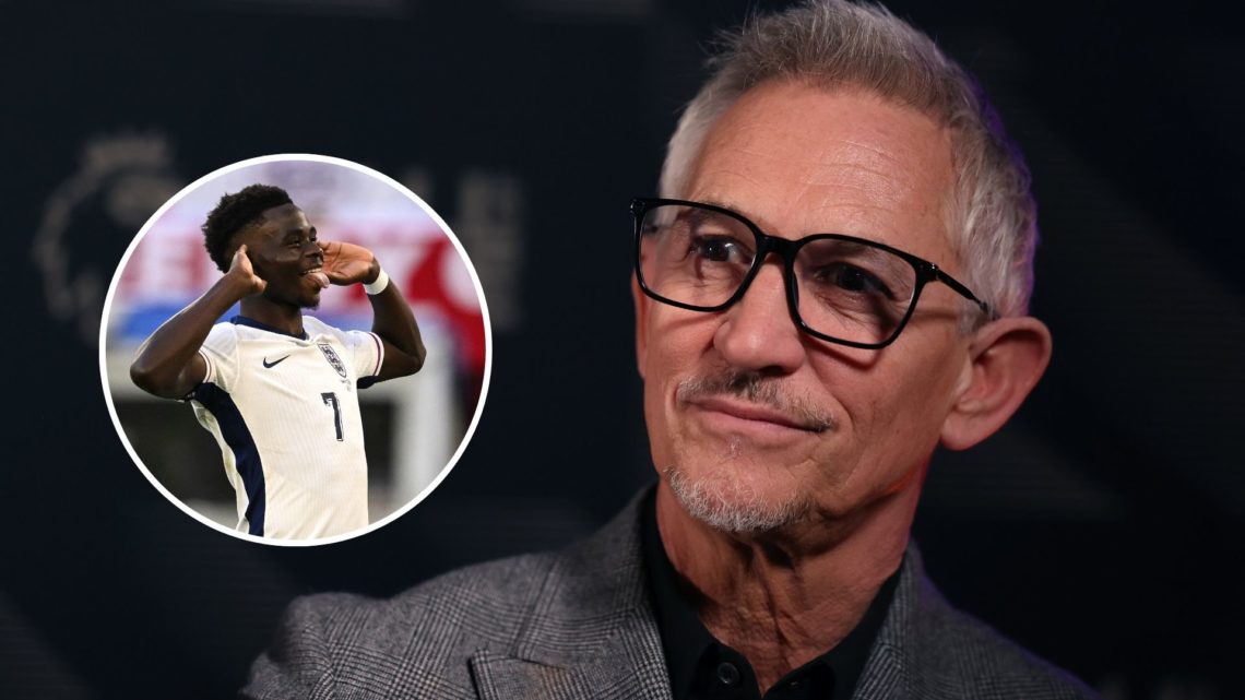 Gary Lineker looks on during the Premier League Hall of Fame 2024 Inductions event with inset of Bukayo Saka celebrates his goal during the UEFA EU...