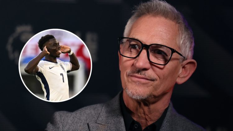 Gary Lineker looks on during the Premier League Hall of Fame 2024 Inductions event with inset of Bukayo Saka celebrates his goal during the UEFA EU...