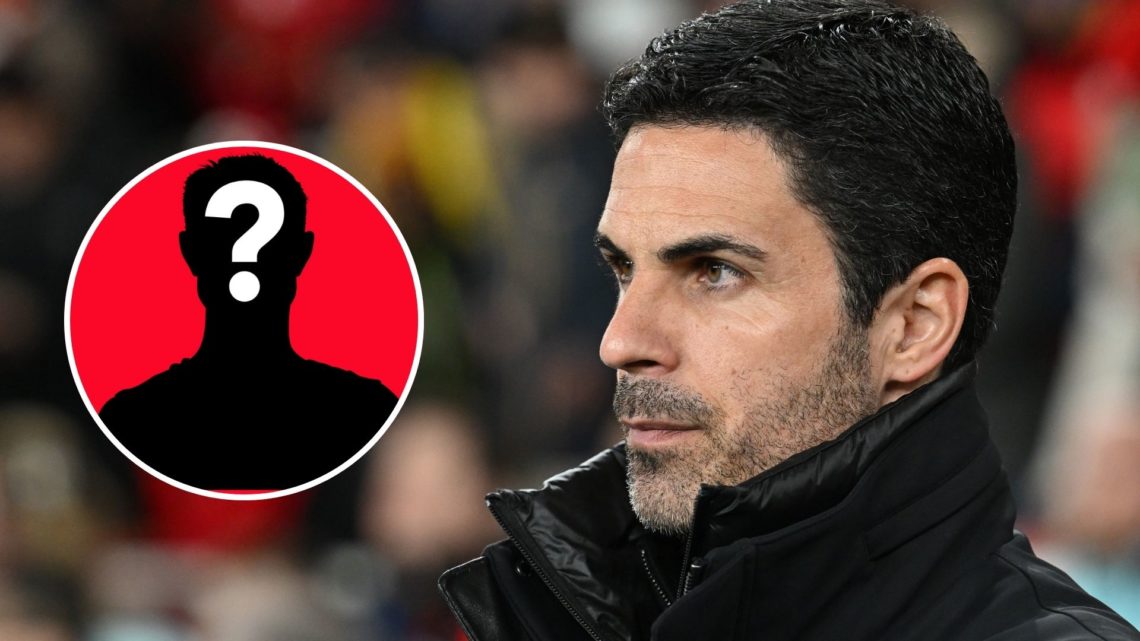Arsenal Manager Mikel Arteta before the UEFA Champions League 2024/25 Round of 16 Second Leg match between Arsenal FC and PSV with mystery icon inset.