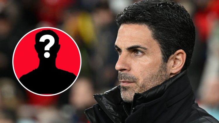 Arsenal Manager Mikel Arteta before the UEFA Champions League 2024/25 Round of 16 Second Leg match between Arsenal FC and PSV with mystery icon inset.