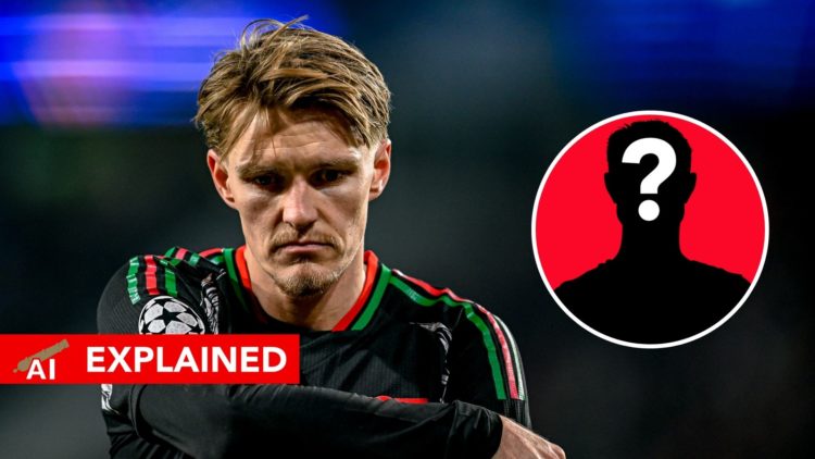 Martin Odegaard plays during the UEFA Champions League Round of 16 match between PSV and Arsenal at the Philips Stadium with explained banner and i...