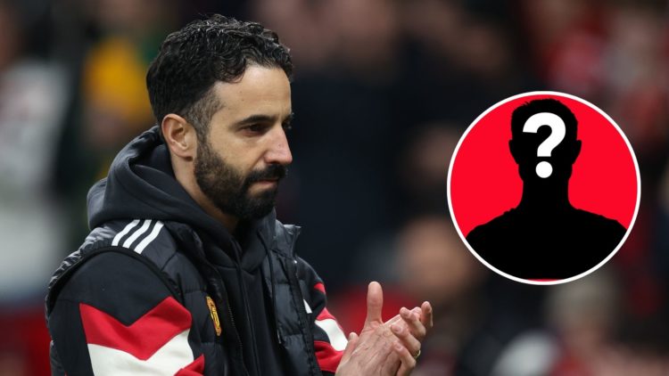 Ruben Amorim during the Premier League match between Manchester United and Arsenal with inset of mystery figure icon.