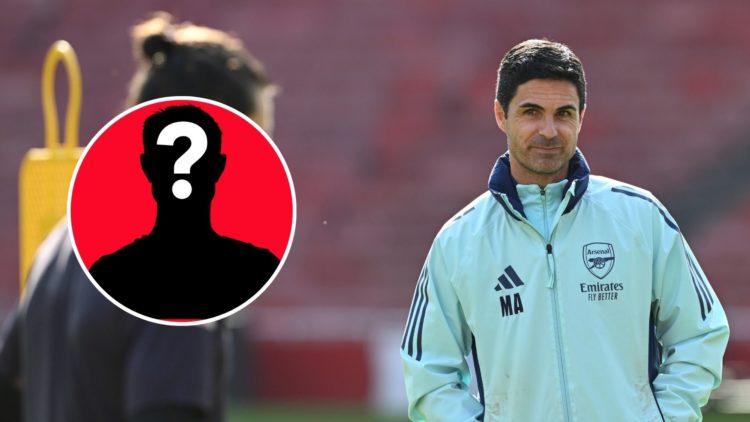 Arsenal manager Mikel Arteta during a training session at Emirates Stadium with an inset of mystery icon.