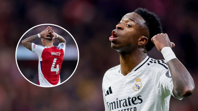Main image of Vinicius Junior during the UEFA Champions League match between Atletico de Madrid and Real Madrid with inset of Ben White during the ...