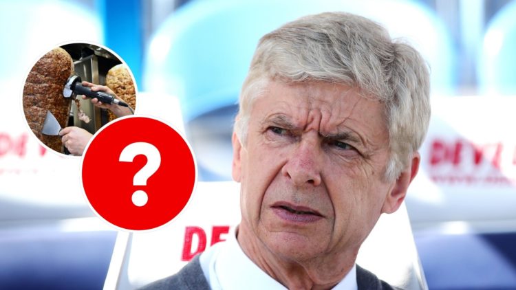 Arsenal manager Arsene Wenger looks on during the Premier League match between Huddersfield Town and Arsenal with inset of An employee scapes meat ...