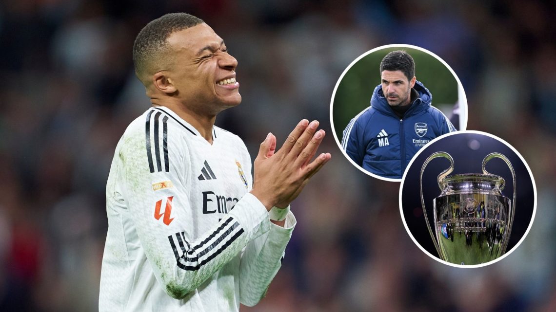 Kylian Mbappe of Real Madrid reacts during the LaLiga EA Sports match between Real Madrid CF and CD Leganes with insets of Mikel Arteta during a tr...