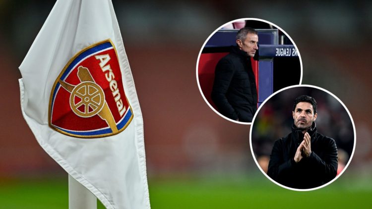 Corner flag with the Arsenal logo during the UEFA Champions League 2024/25 with insets of Andrea Berta during the UEFA Champions League match betwe...