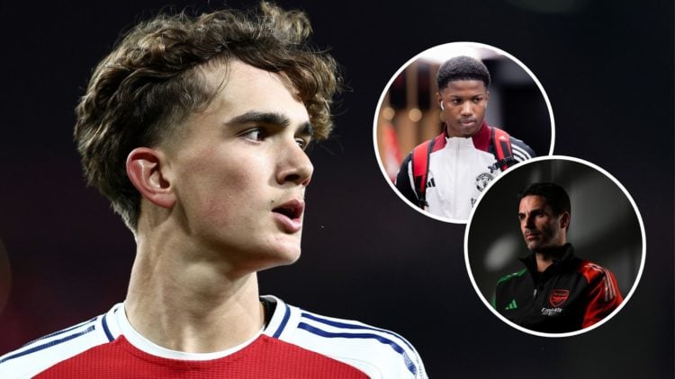 Max Dowman looks on during the FA Youth Cup quarter-final with insets of Chido Obi ahead of the Premier League match between Manchester United vs A...