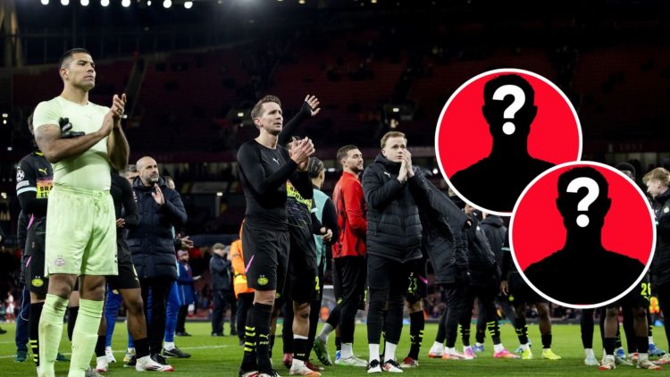 PSV Eindhoven players and coach Peter Bosz after the Champions league match against Arsenal with two insets mystery player icons.