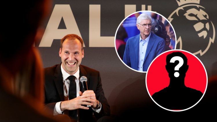 Petr Cech speaks during a Premier League Hall of Fame event with insets of Arsene Wenger at the 2024 Olympic Games and mystery player icon.