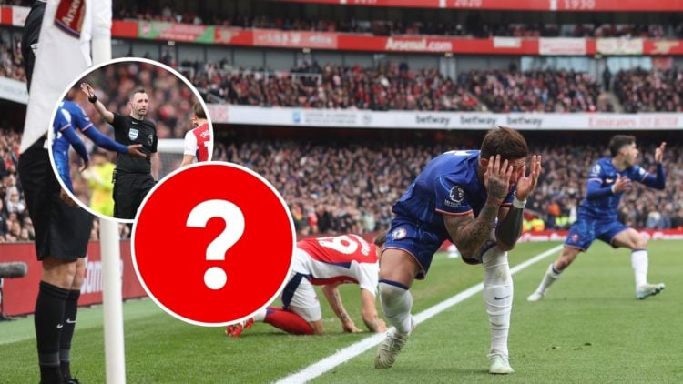 Enzo Fernandez reacts as a decision goes against him during the match between Arsenal and Chelsea with insets of Chris Kavanagh during the Premier ...