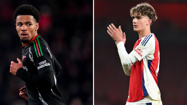 Split image of Ethan Nwaneri during Arsenal's Champions League win vs PSV Eindhoven (L) and Max Dowman applauding the fans following the FA Youth C...