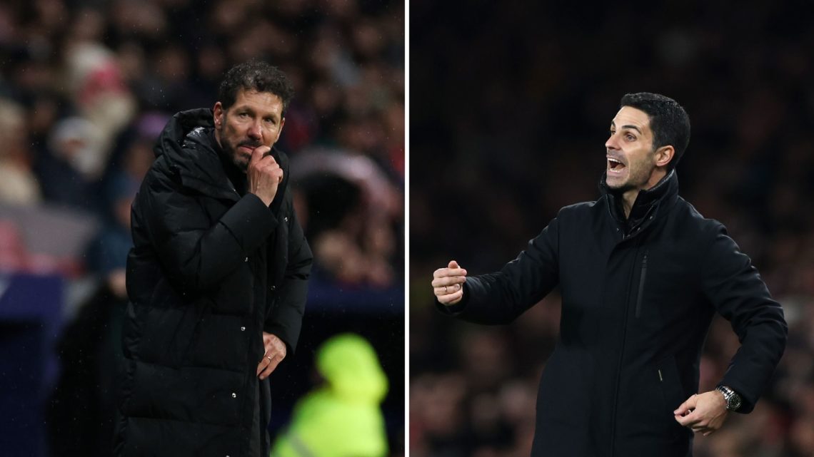 Two way split image of (L) Diego Pablo Simeone, Head Coach of Atletico de Madrid and (R) Mikel Arteta, Manager of Arsenal
