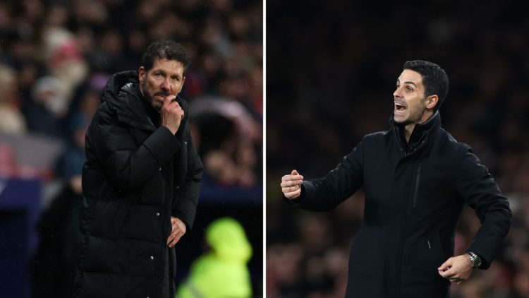 Two way split image of (L) Diego Pablo Simeone, Head Coach of Atletico de Madrid and (R) Mikel Arteta, Manager of Arsenal