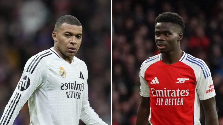 Split image of Kylian Mbappe during the Champions League match between Atletico de Madrid and Real Madrid and Bukayo Saka during the Premier League...