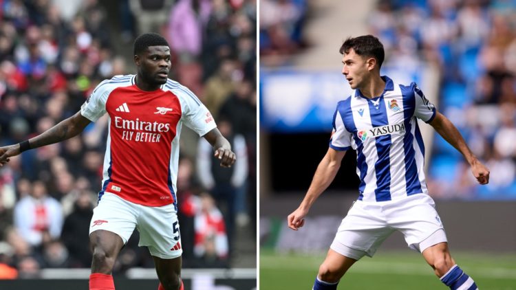 Split image of Thomas Partey during the Premier League match between Arsenal FC and Chelsea FC and Martin Zubimendi during the LaLiga EA Sports mat...
