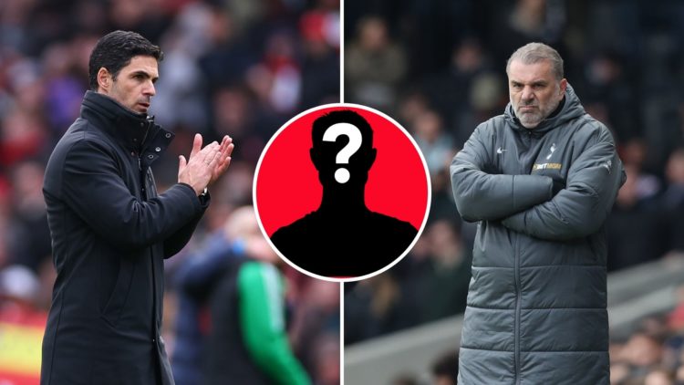 Mikel Arteta applauds the fans at full time during the Premier League match between Arsenal and Chelsea and Ange Postecoglou during the Premier Lea...
