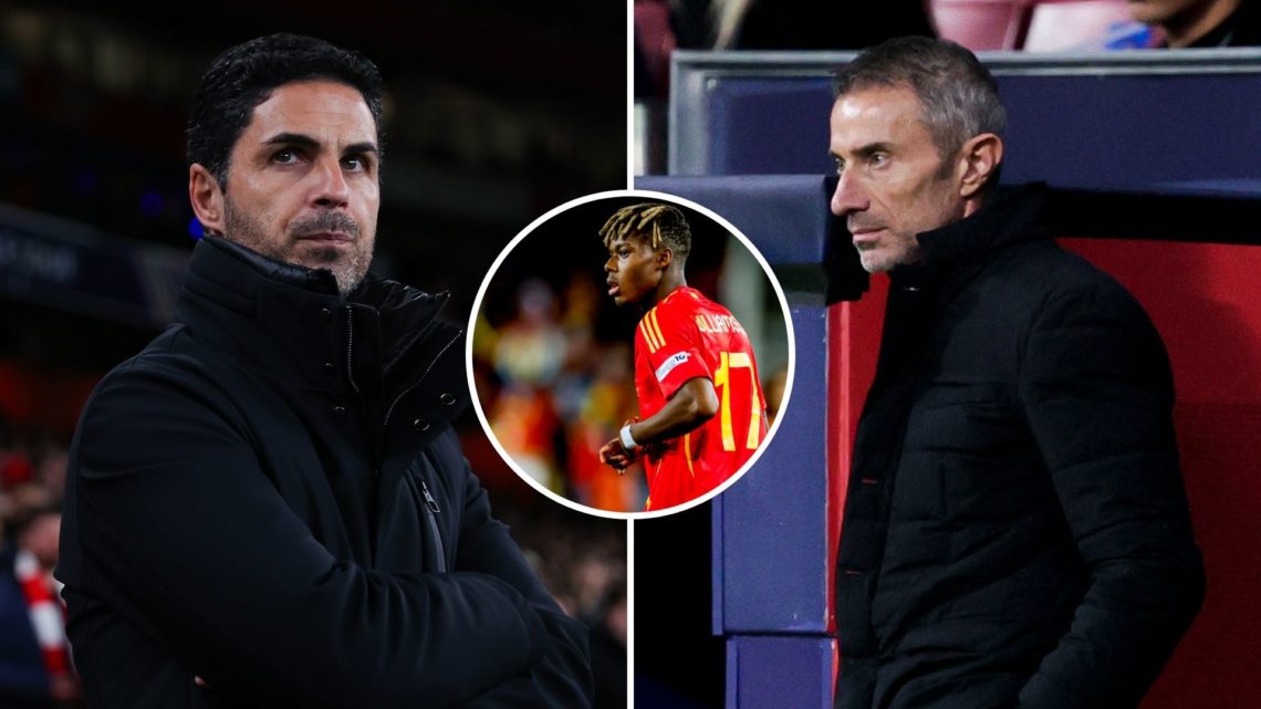 Split image of Mikel Arteta during the UEFA Champions League 2024/25 match between Arsenal FC and PSV and Andrea Berta during the UEFA Champions Le...