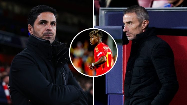 Split image of Mikel Arteta during the UEFA Champions League 2024/25 match between Arsenal FC and PSV and Andrea Berta during the UEFA Champions Le...