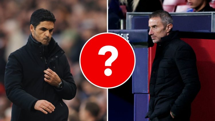Split image of Mikel Arteta reacts at half time during the Premier League match between Manchester United FC and Arsenal FC and Andrea Berta of Atl...