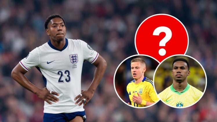 Myles Lewis-Skelly looks on during the FIFA World Cup 2026 European Qualifier between England and Latvia with insets of Gabriel Magalhaes before th...