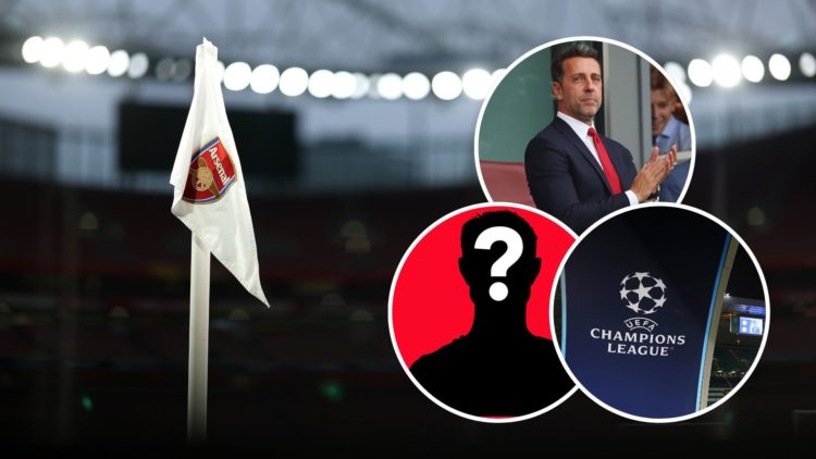 Arsenal corner flag in the stadium ahead of Arsenal FC vs AS Monaco with insets of the Champions league logo at Celtic Park, Edu Gaspar during the ...