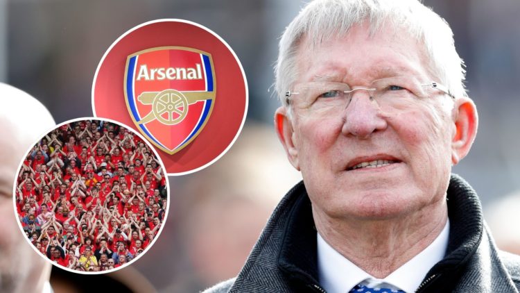 Image of Sir Alex Ferguson watches his horse 'Protektorat' run in the Coral Cup Handicap Hurdle race with inserts of a general view of the Arsenal ...