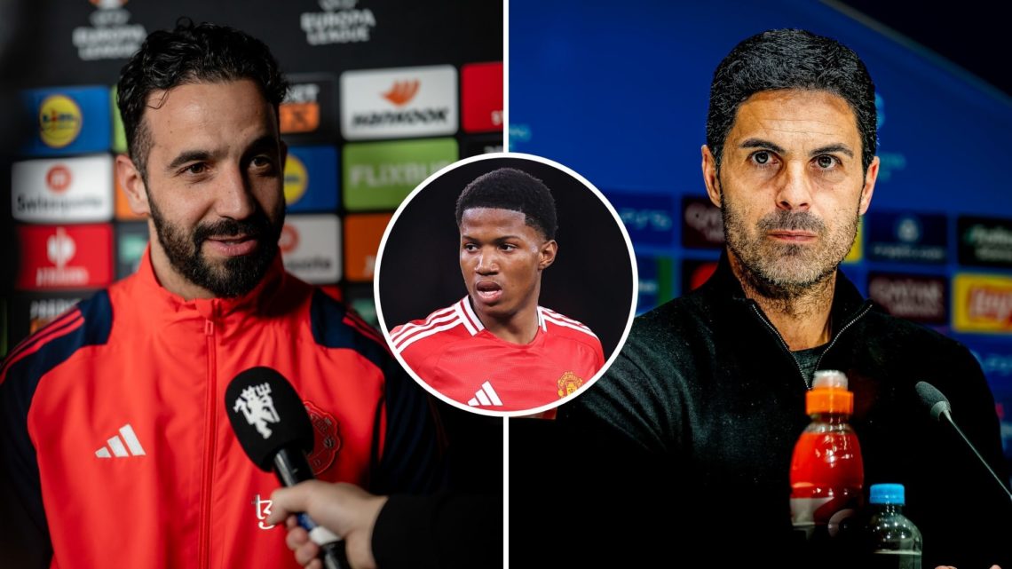 Split image as Head Coach Ruben Amorim of Manchester United is interviewed after the Manchester United UEFA Europa League 2024/25 Round of 16 press...