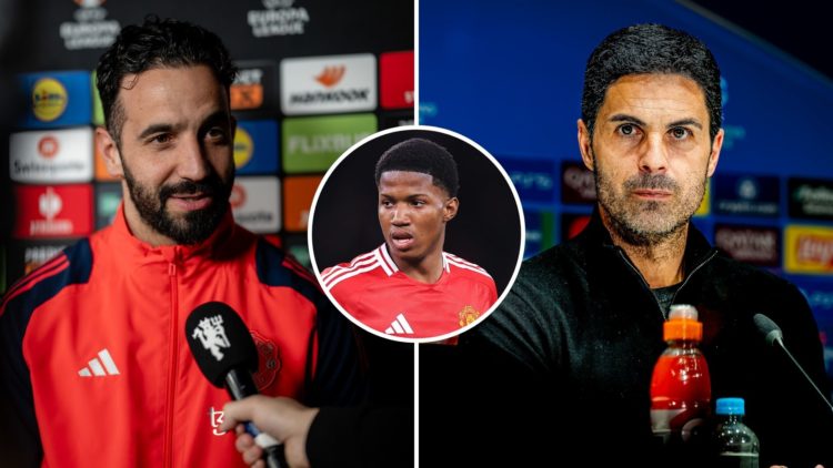 Split image as Head Coach Ruben Amorim of Manchester United is interviewed after the Manchester United UEFA Europa League 2024/25 Round of 16 press...
