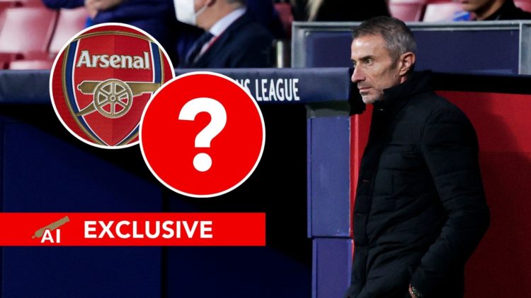A split image featuring the Arsenal club badge and sporting director Andrea Berta.
