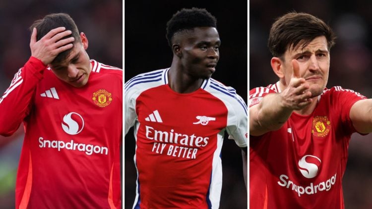 A split image featuring Manchester United players Manuel Ugarte and Harry Maguire alongside Arsenal player Bukayo Saka.