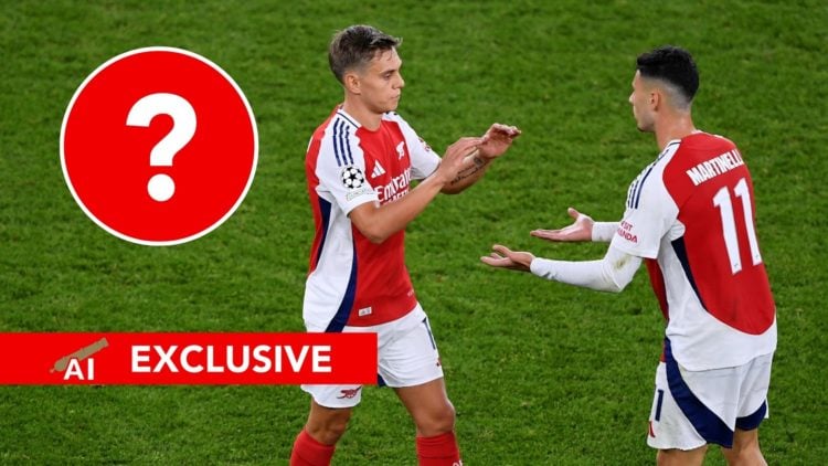An image featuring Leandro Trossard reacting with Gabriel Martinelli at Arsenal.