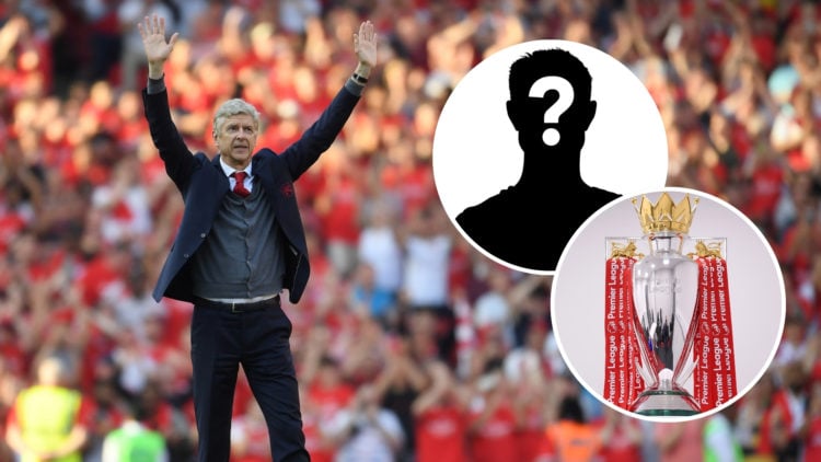 An image of Arsene Wenger managing Arsenal, with two insets: one of the Premier League trophy and another featuring a mystery player silhouette.