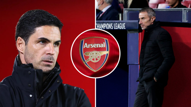A split image of (L) Mikel Arteta looking on during an Arsenal game and (R) Andrea Berta watching on during an Atletico Madrid game. A central inse...