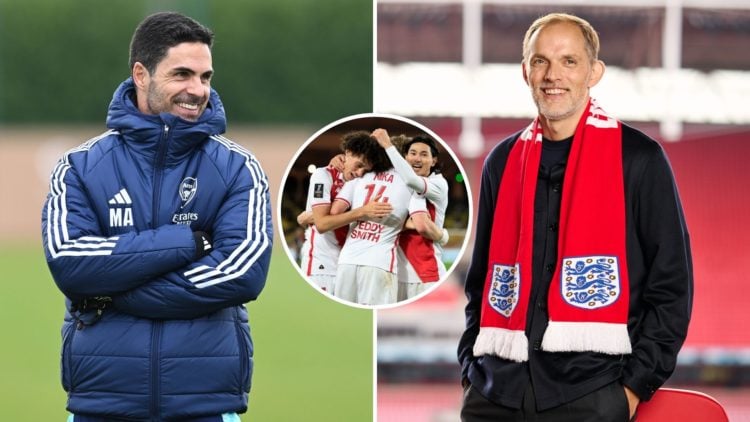 An image featuring Arsenal boss Mikel Arteta, Monaco striker Mika Biereth and England manager Thomas Tuchel.