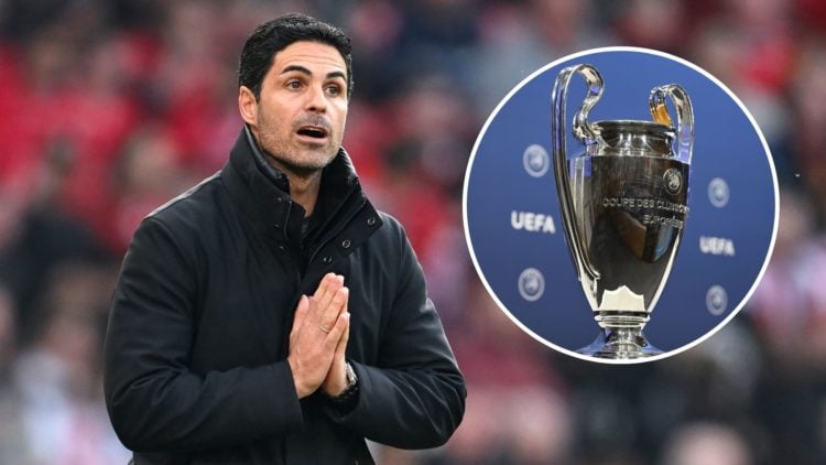 An image feature Arsenal manager Mikel Arteta and the Champions League trophy.