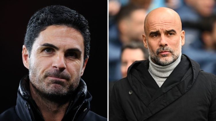 Split Image of: Mikel Arteta, manager of Arsenal, during the UEFA Champions League 2024/25, Pep Guardiola, Manager of Manchester City, looks on pri...
