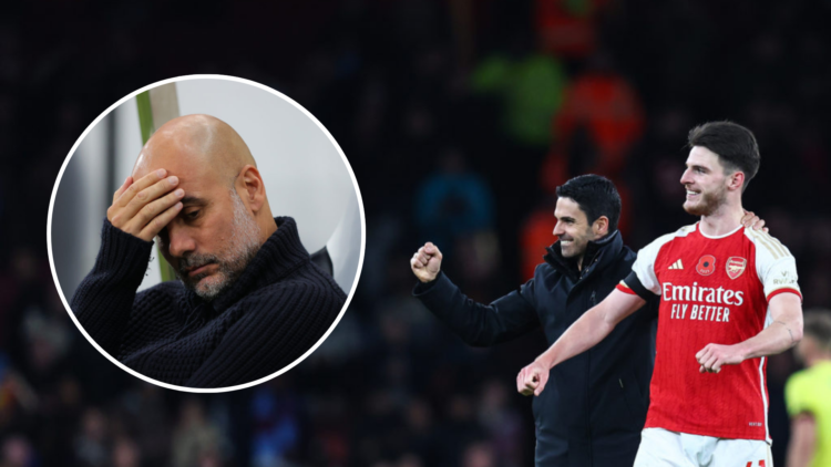 Image of Mikel Arteta and Declan Rice celebrating with a circular inset of Pep Guardiola looking dejected