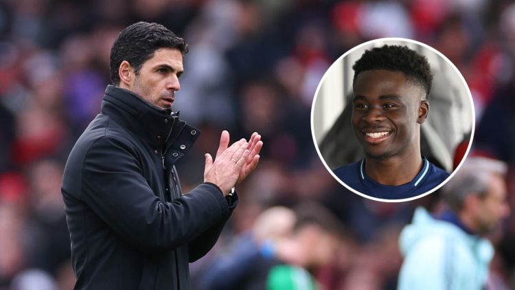 An image featuring Mikel Arteta applauding after an Arsenal game and Bukayo Saka smiling.
